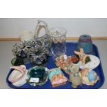 A tray of Pendelfin model rabbits, various glass vases and other items