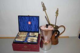 Mixed Lot: Cased fish cutlery, coffee percolator, fire tools, copper jug etc