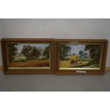 Pair of small oils, farming scenes with horses, framed