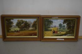 Pair of small oils, farming scenes with horses, framed