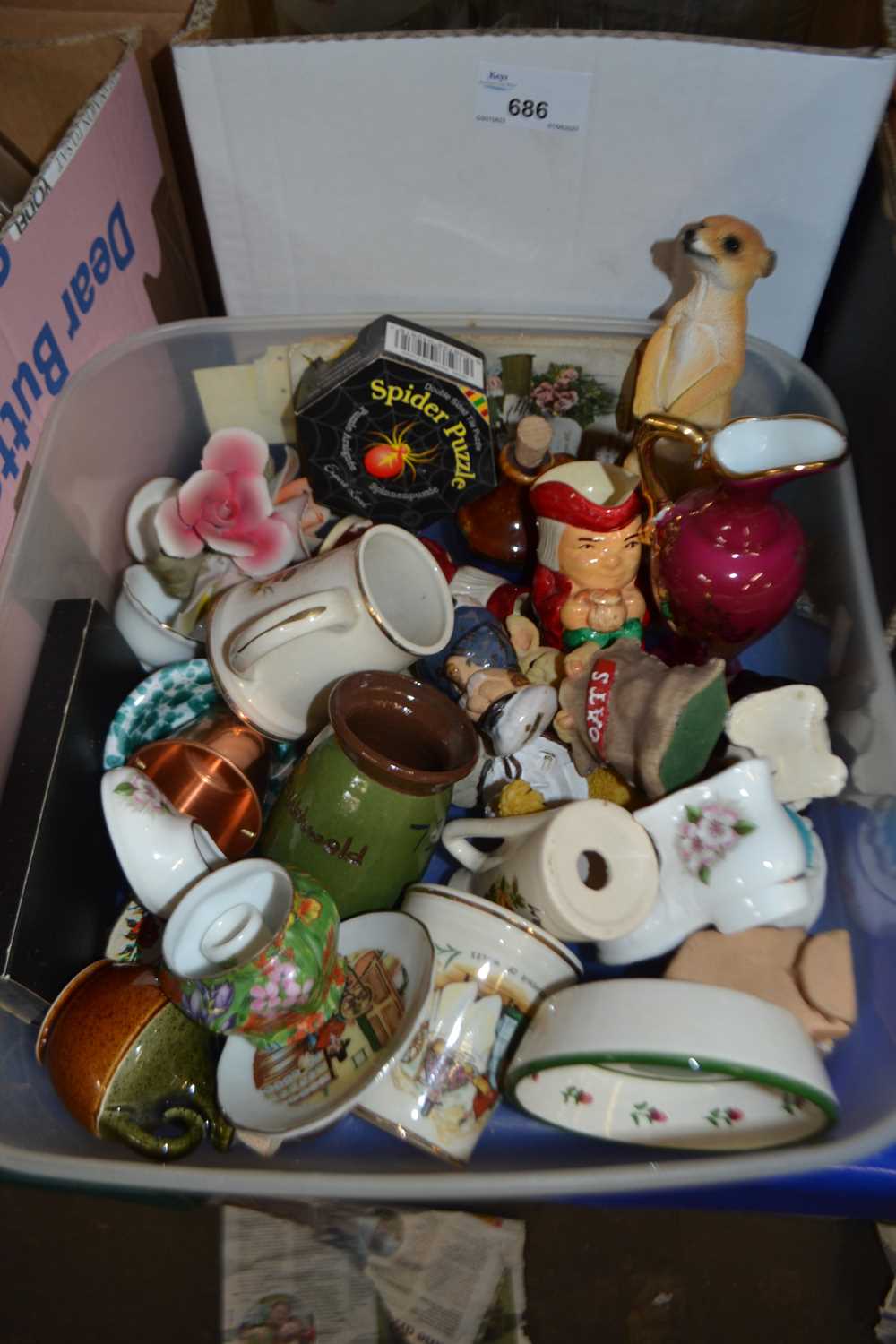 Box of assorted miniature ceramics to include toby jugs, figurines,teapots etc