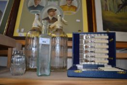 Mixed cased fish cutlery, vintage soda syphon etc