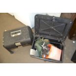 Black plastic storage step/stool/toolbox together with a fishing tackle box and a qty of items to