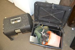 Black plastic storage step/stool/toolbox together with a fishing tackle box and a qty of items to