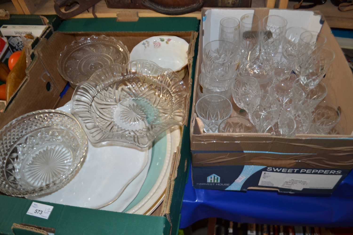 Two boxes drinking glasses, meat plates etc
