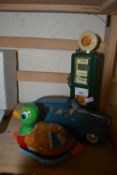 Japanese Mikuni tin plate duck together with a wind up toy car and model of a vintage gas station