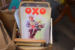 Mixed box of prints, Oxo metal sign etc