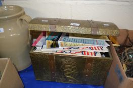 Brass and copper bound coal scuttle together with a qty of assorted magazines etc