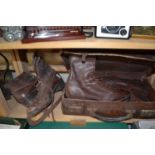 Leather case, two pairs of vintage ice-skates