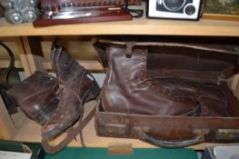 Leather case, two pairs of vintage ice-skates