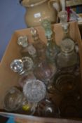 Box of assorted glassware to include decanters, glass jugs, beer mugs etc
