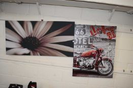 Two modern canvass prints, motorcycle and a flower