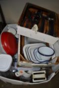 Mixed lot of kitchenalia, enamel pans, shoe cleaning items etc