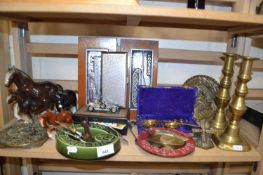 Mixed ornaments, brass candlesticks, ash trays etc