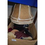 Set of four wicker lampshades, gloves, christmas decorations etc