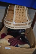 Set of four wicker lampshades, gloves, christmas decorations etc