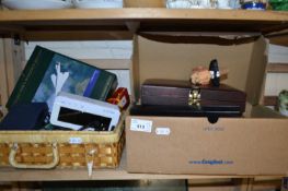 Two boxes of various ornaments, modern boxed games set and other assorted items