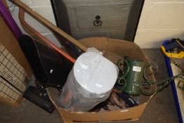 Box various tools, coal scuttle, sparke guard, christams tree stand etc