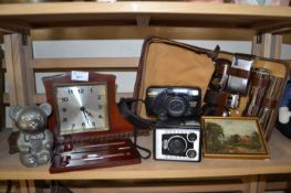 vintage mantle clock, travelling vanity set, Kodak camera, money box etc