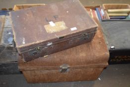 Leather suitcase and metal tin trunk