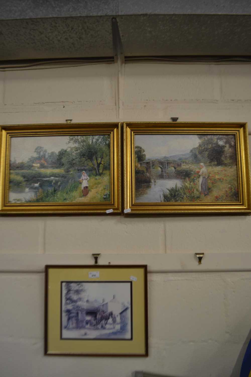 A pair of reproduction oils of maidens by rivers in gilt frames together with a print of a shire