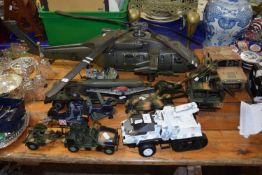 Collection of Chinese manufactured plastic bodied military vehicles, helicopter, etc