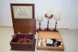 Mixed Lot: Sewing box and contents, glass candle holder, 20th Century needlework picture etc
