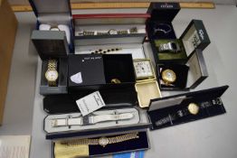 A box of various assorted cased wristwatches to include Citizen, Ernest Jones and others