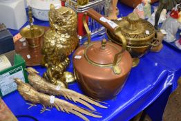 Mixed Lot: Copper kettle, a pair of pheasant decorations, model owl and other assorted metal wares
