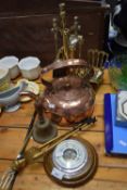 Mixed Lot: Copper kettle, fire companion set, barometer, brass chair etc