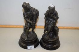 A pair of bronzed Spelter continental models of a lady and gent raised on turned wooden bases