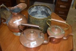 Mixed Lot: Two copper kettles, a copper jug and a Far Eastern brass jardiniere (4)