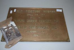 Shipping Interest: A brass ships plaque marked "M/V Venture Service Hull No237" Built for Zapata
