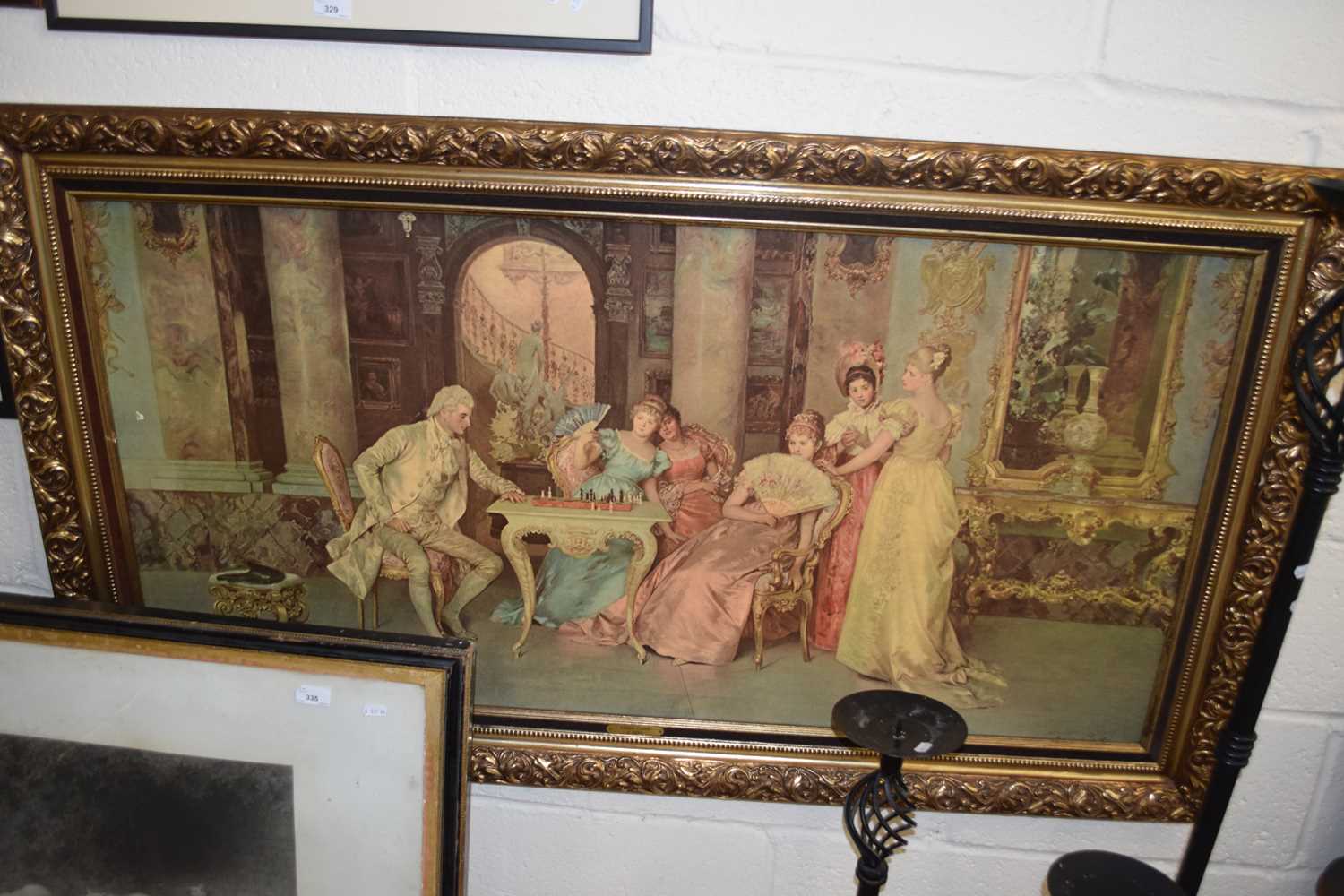 Large 20th Century coloured print on board, interior scene with fashionable ladies, gilt framed