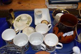 Mixed Lot: Various assorted mugs, coasters, a pair of brass boots and other assorted wares