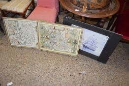 Two reproduction coloured maps, Lancaster and West Moreland plus a further print (3)