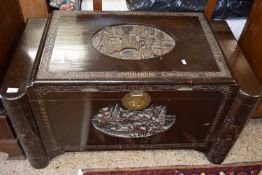20th Century Chinese blanket box with carved decoration, 100cm wide