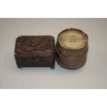 A copper prayer reel and scrolls together with a small fabric lined jewellery box