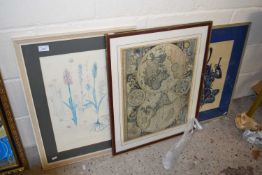 Mixed Lot: Reproduction map of the world, a contemporary print from Thailand and a botanical
