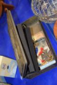 Box of mixed items to include various royal commemorative medallions, cigarette cards, small