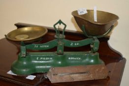 Pair of vintage scales marked E.Pilgrim Norwich together with a set of brass mounted pocket