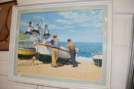 Frank Markin, beach scene with fishermen, oil on canvas