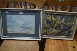 Diana Perowne, study of Dutch iris flowers together with a further impressionist watercolour of a