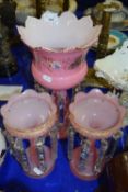 Pair of pink glass table lustres with clear glass drapes together with a further non matching larger