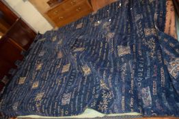 Modern dark blue fabric curtain decorated with text approx 140 x 180 cm