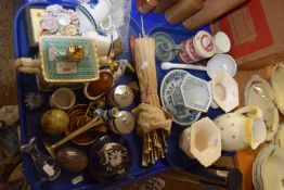Two trays of various assorted ceramics (including Delft), knitting needles and other items