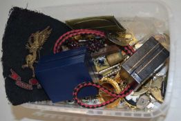 Box of various assorted costume jewellery, pin badges etc