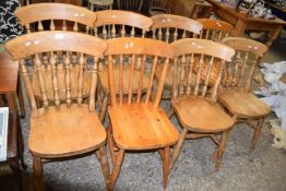 Set of six beech wood kitchen chairs together with to similar pine chairs (8)