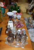 Mixed Lot: Various glass vases, miniature ceramic baskets, trinket boxes, dressing table items etc