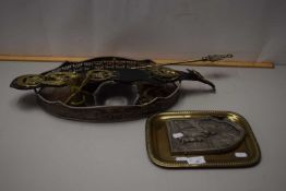 Mixed Lot: Silver plated serving tray, horse brasses, fire poker, vintage AA badge etc